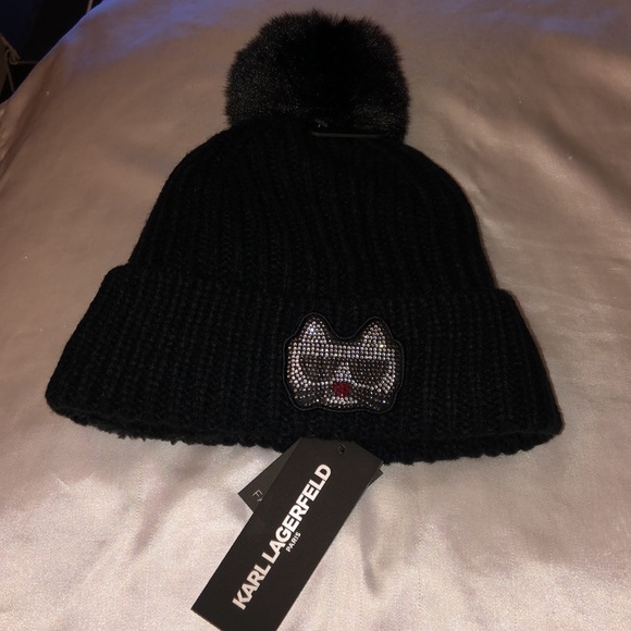 Karl Lagerfeld Paris Black Ribbed Beanie Choupette Patch Faux Fur Pom Pom OS NWT - Picture 16 of 16